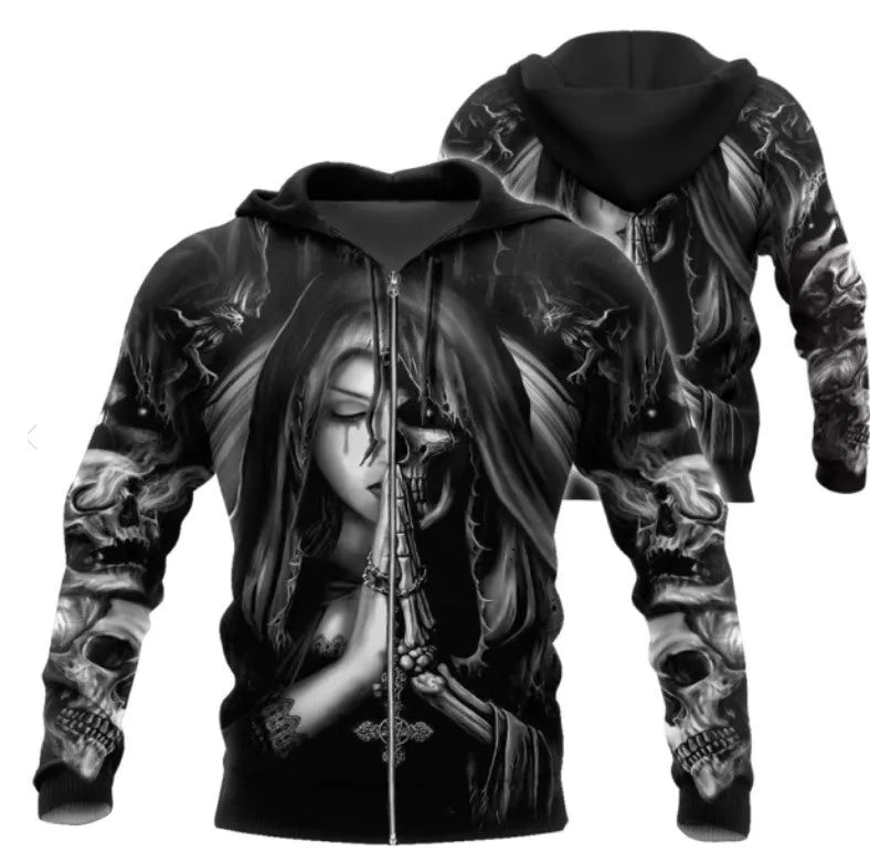 Adult black hooded sweatshirt with a large white 3D skull anime graphic on the front.