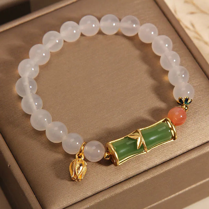 White agate and jade Chinese style bamboo beaded bracelet for women with retro luxury design
