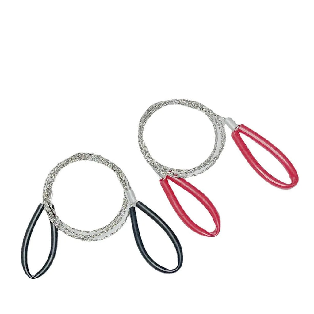 Four-share stainless steel wire survival saw with leather hand case showing 68cm cutting line