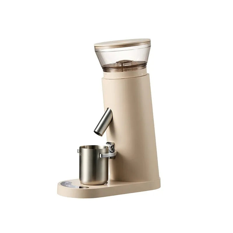 Portable stainless steel electric coffee grinder in beige and black retro styles.