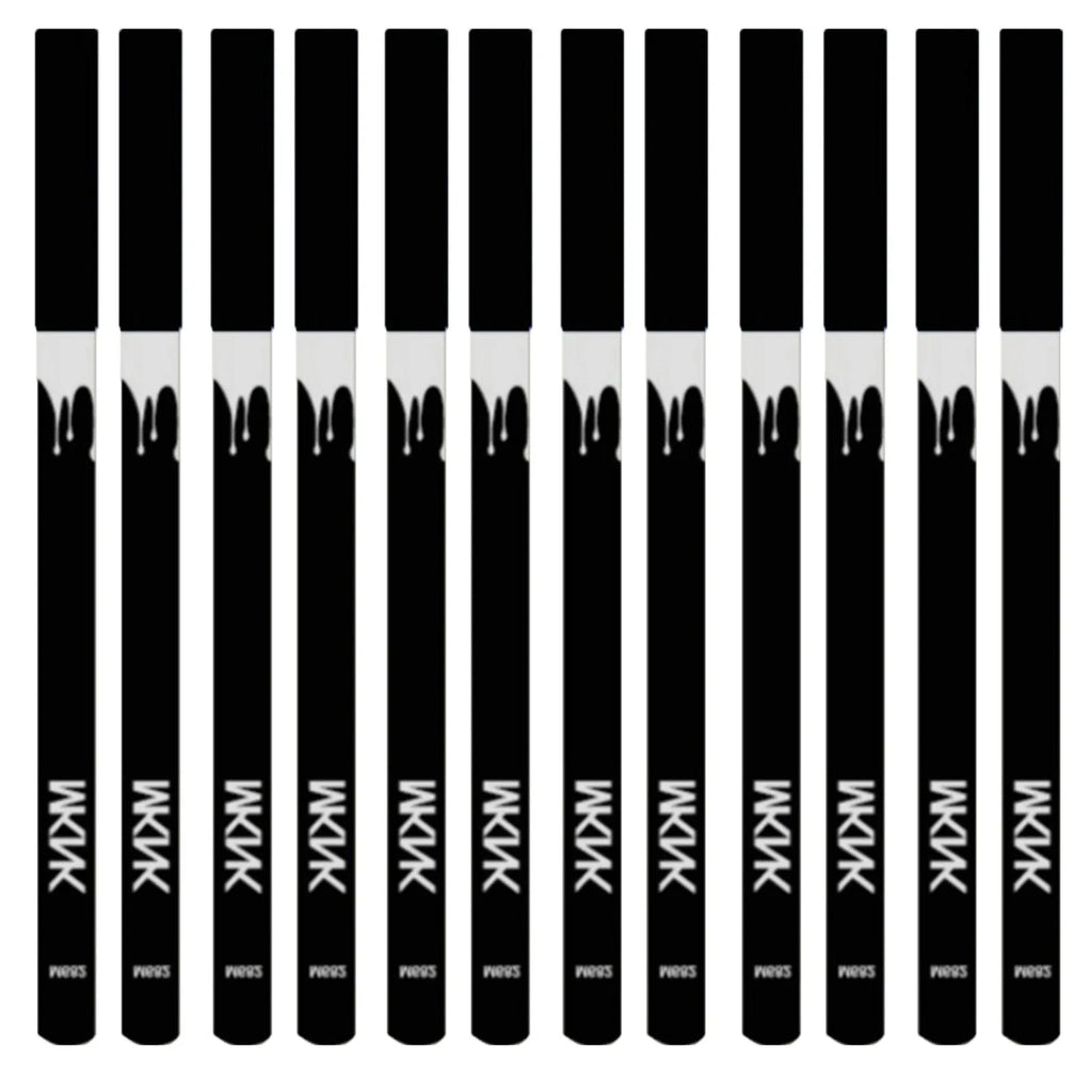 12 white and black retractable makeup pencils with a sharpener on a pink background