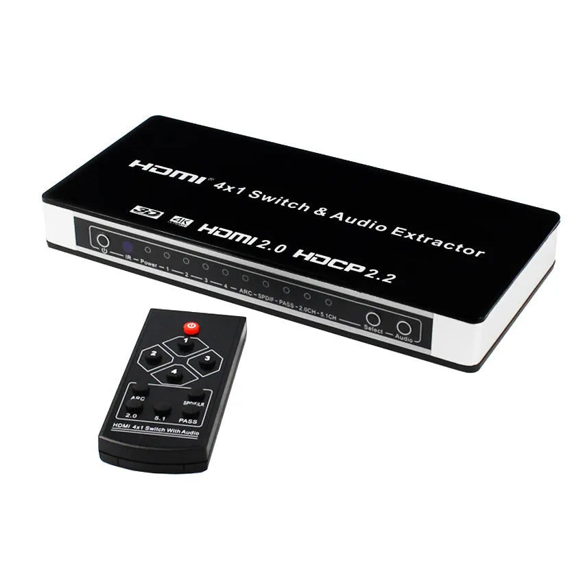Black HDMI switch unit with remote control for 4-input 1-output video switching with audio separation