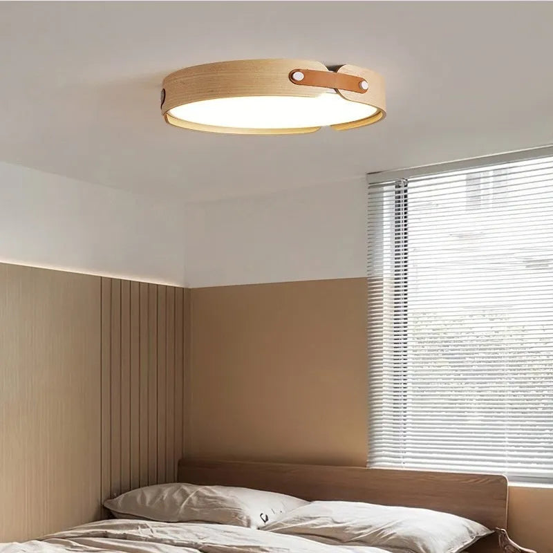 Japanese wooden ceiling lamp with natural wood shade and PMMA lampshade in bedroom setting