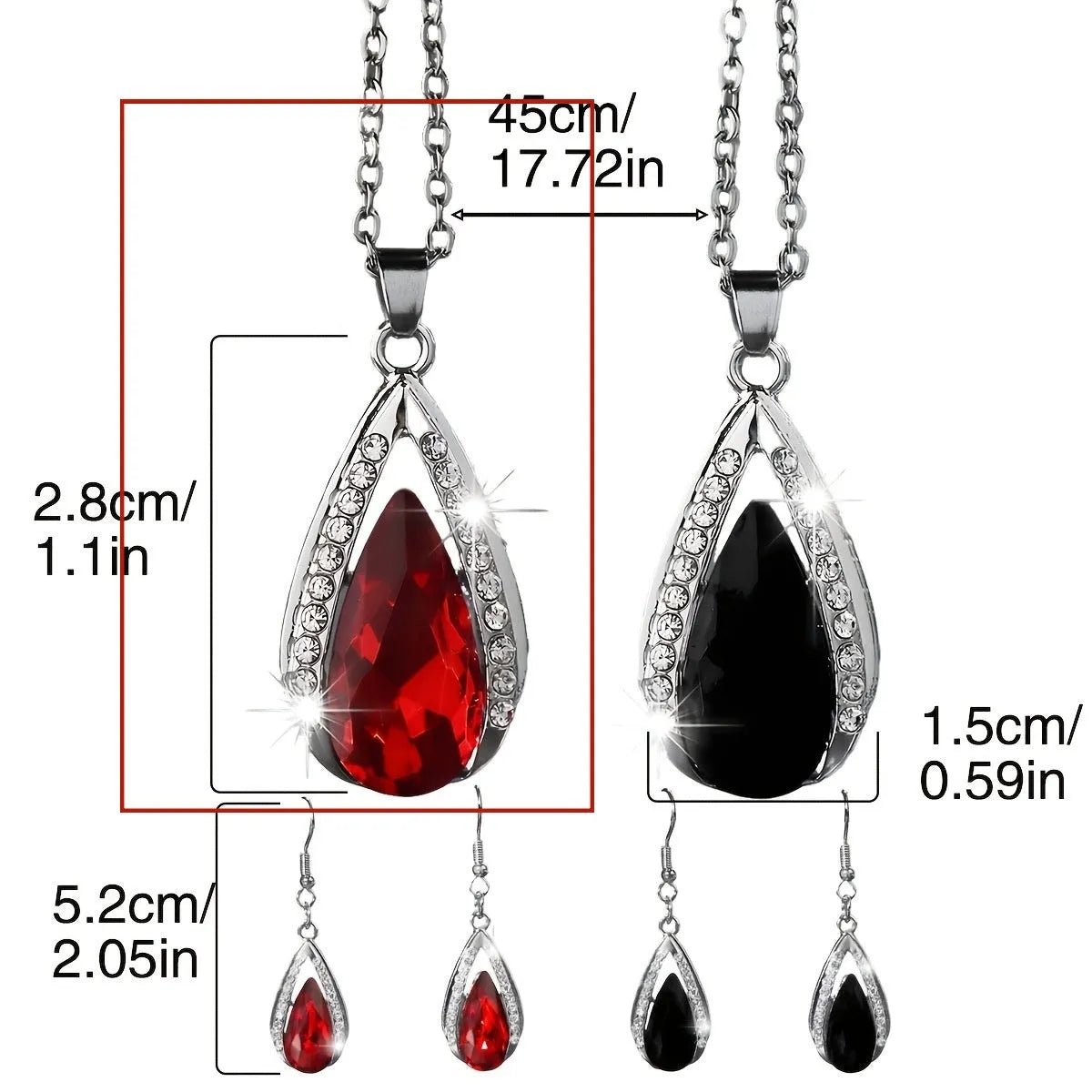 Alloy teardrop pendant necklace and earrings set in black or red colour options