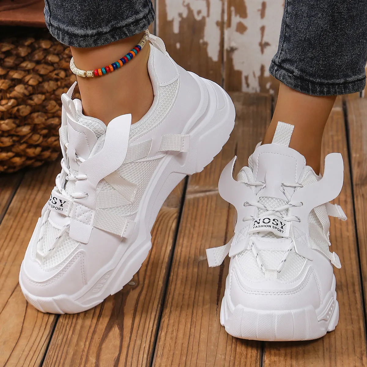 Women's purple platform mesh sports shoes with lace-up front and breathable construction
