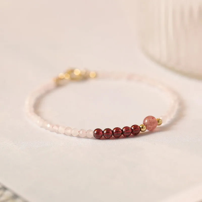 Handmade women's 2mm pink crystal strawberry quartz bracelet in 14cm, 15cm, or 16cm without tail chain