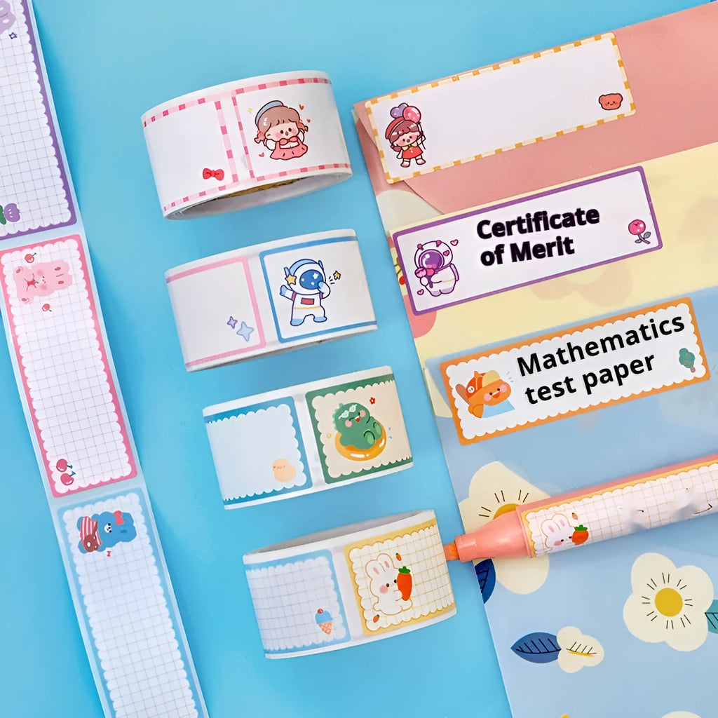 Roll of cartoon tape stickers with dinosaur, astronaut, rabbit, and girl designs for student labelling