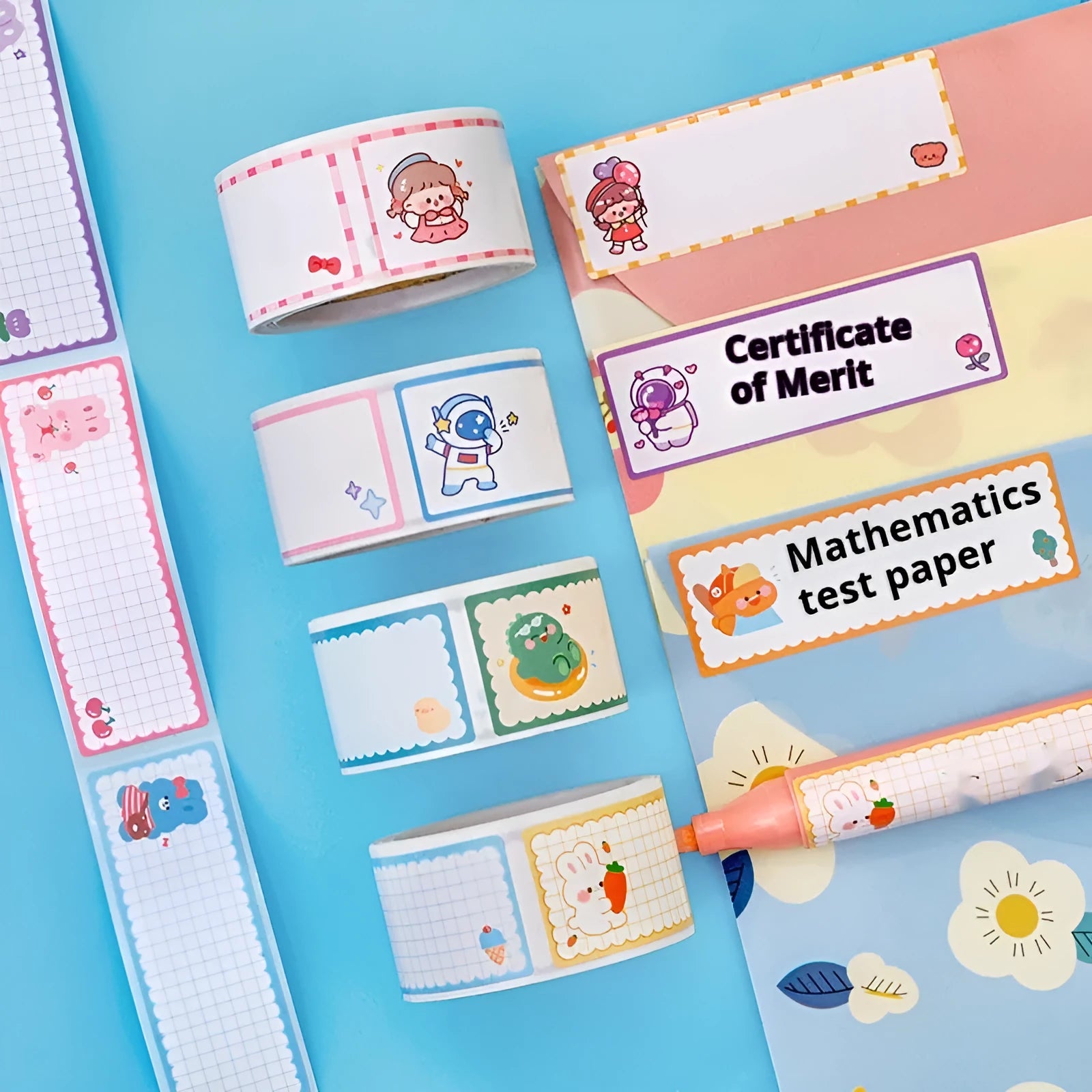 Roll of cartoon tape stickers with dinosaur, astronaut, rabbit, and girl designs for student labelling