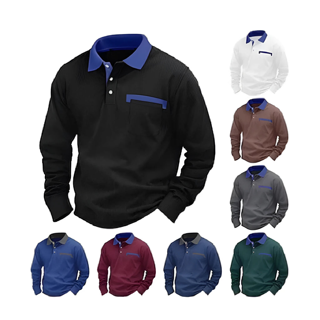 Men's loose fit long-sleeved waffle knit polo shirt in asymmetric American retro style