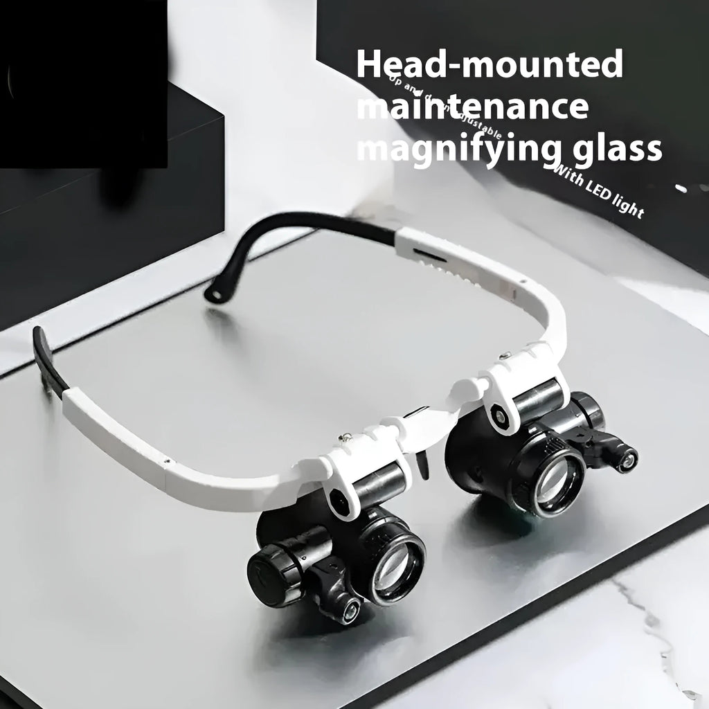 White head mounted magnifying glass with LED light shown in folded and unfolded positions