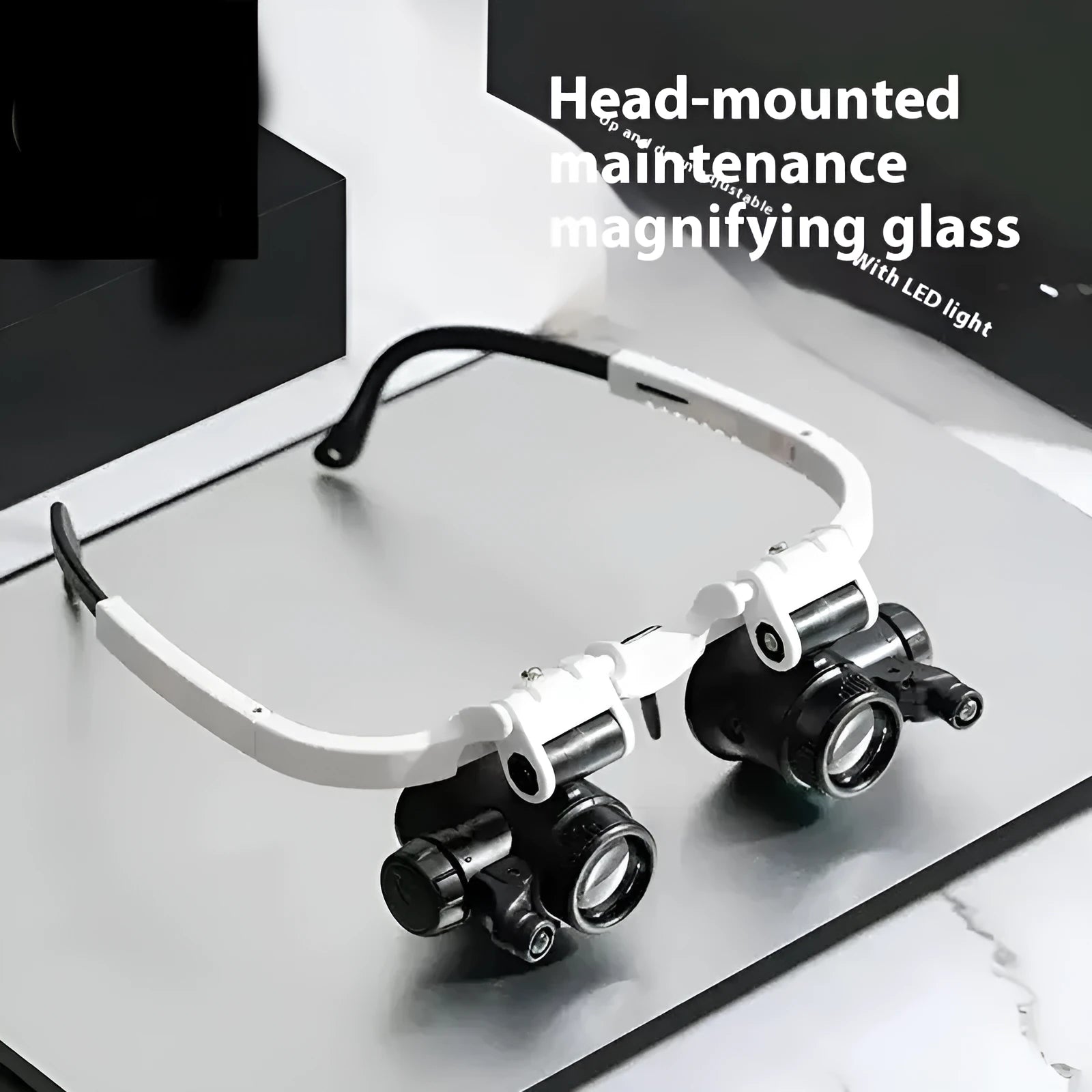 White head mounted magnifying glass with LED light shown in folded and unfolded positions