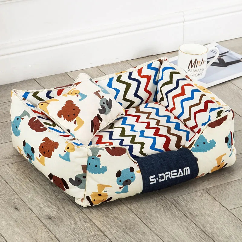 Washable dog cat bed in canvas and oxford cloth, Mi Puppy brown or yellow, sizes S M L with optional small pillow
