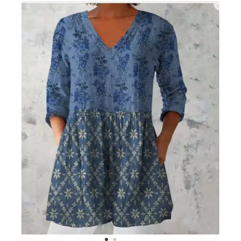 Women's wave pattern printed dress with 3/4 sleeves and loose fit