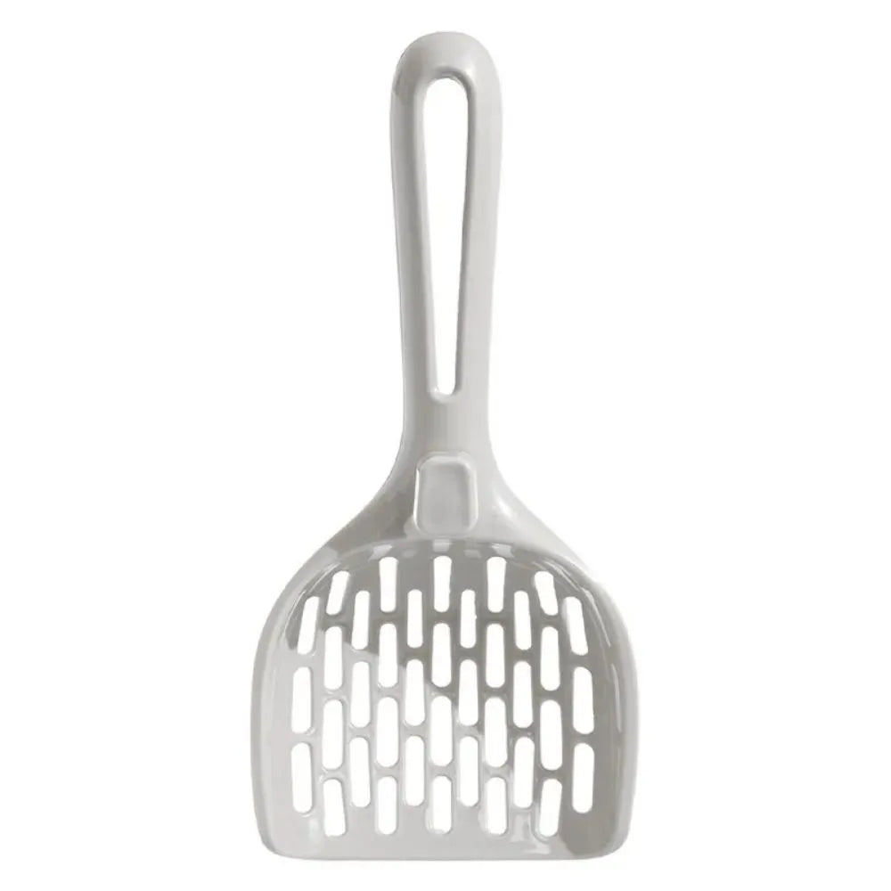 Gray plastic cat litter scoop with matching upright base for self-cleaning kitten toilet maintenance