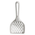 Gray plastic cat litter scoop with matching upright base for self-cleaning kitten toilet maintenance