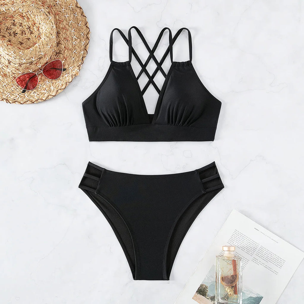 Ladies V-neck halter bikini swimsuit with split sides design in nylon fabric