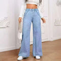Light blue washed wide-leg denim trousers with straight leg cut and mid waist design