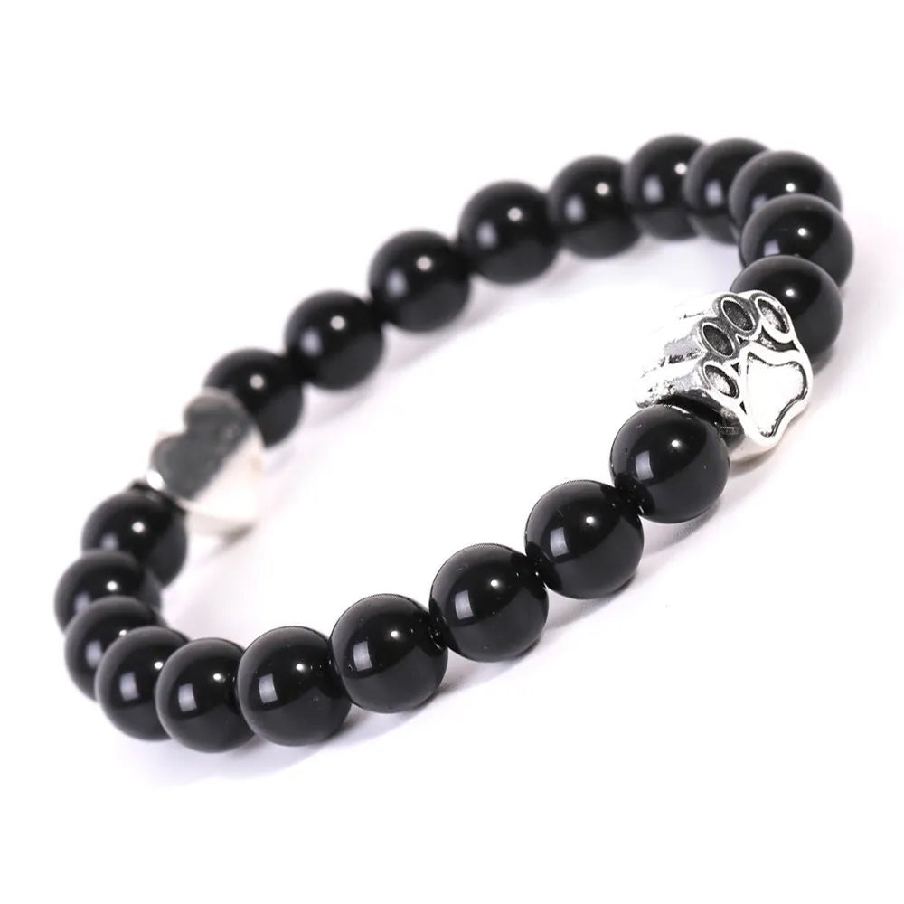 Tigereye and Indian Agate stone bracelet with a geometric dog's paw and love heart design on a round beaded band.