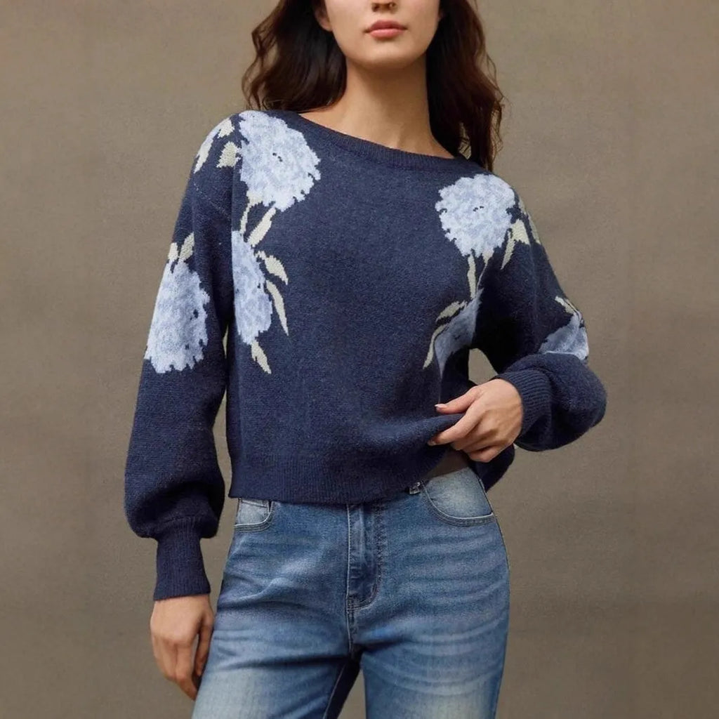Sapphire blue women's pullover with flower jacquard pattern and off-neck design