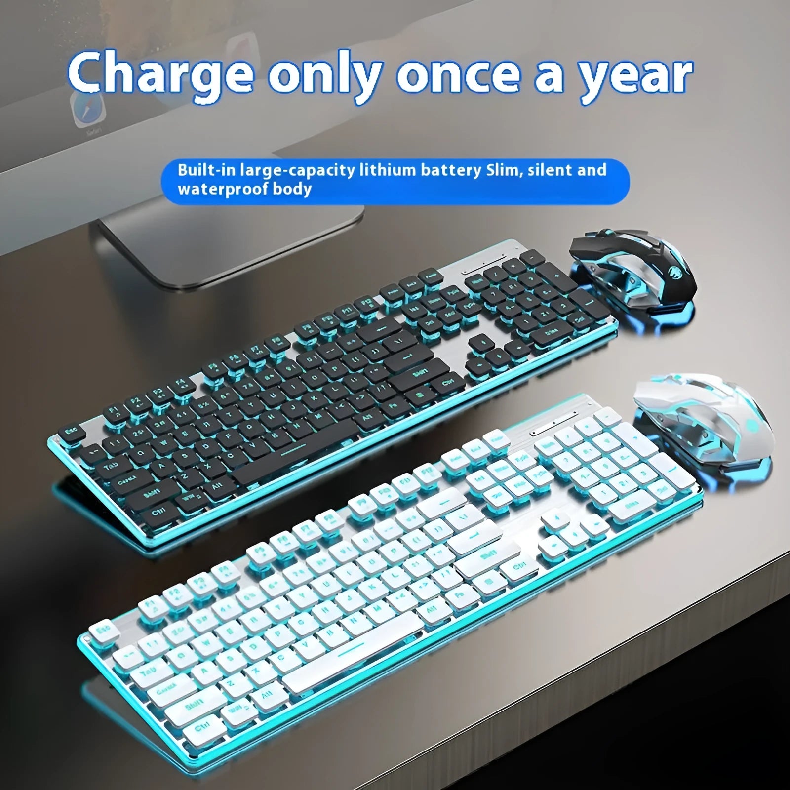 Wireless Bluetooth keyboard with mute button in Cherry Blossom Pink colour on a desk.