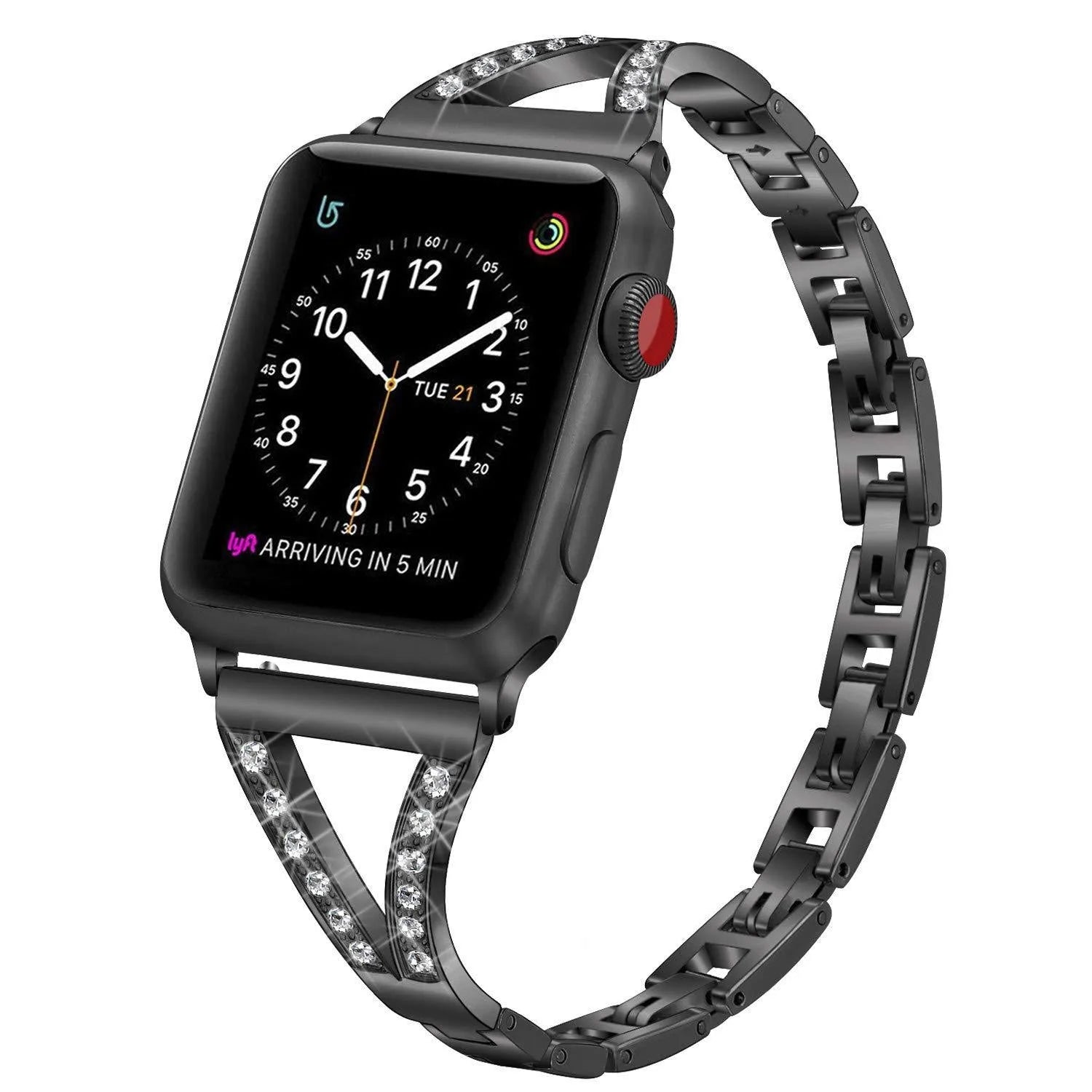 Zinc alloy herringbone pattern smart watch strap with diamond accents for Apple Watch, shown in a silver finish.
