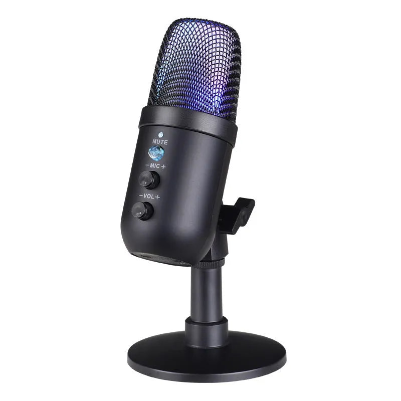 Black USB microphone with RGB lighting for computer and mobile phone streaming and recording