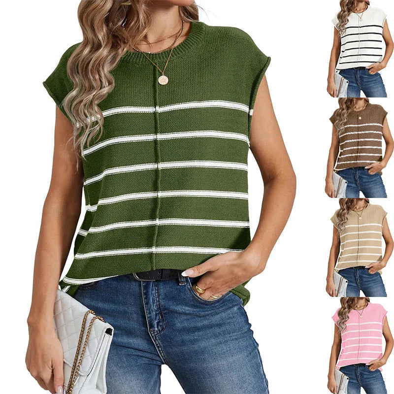 Women's striped sleeveless vest pullover in acrylic fabric with bone stitching detail