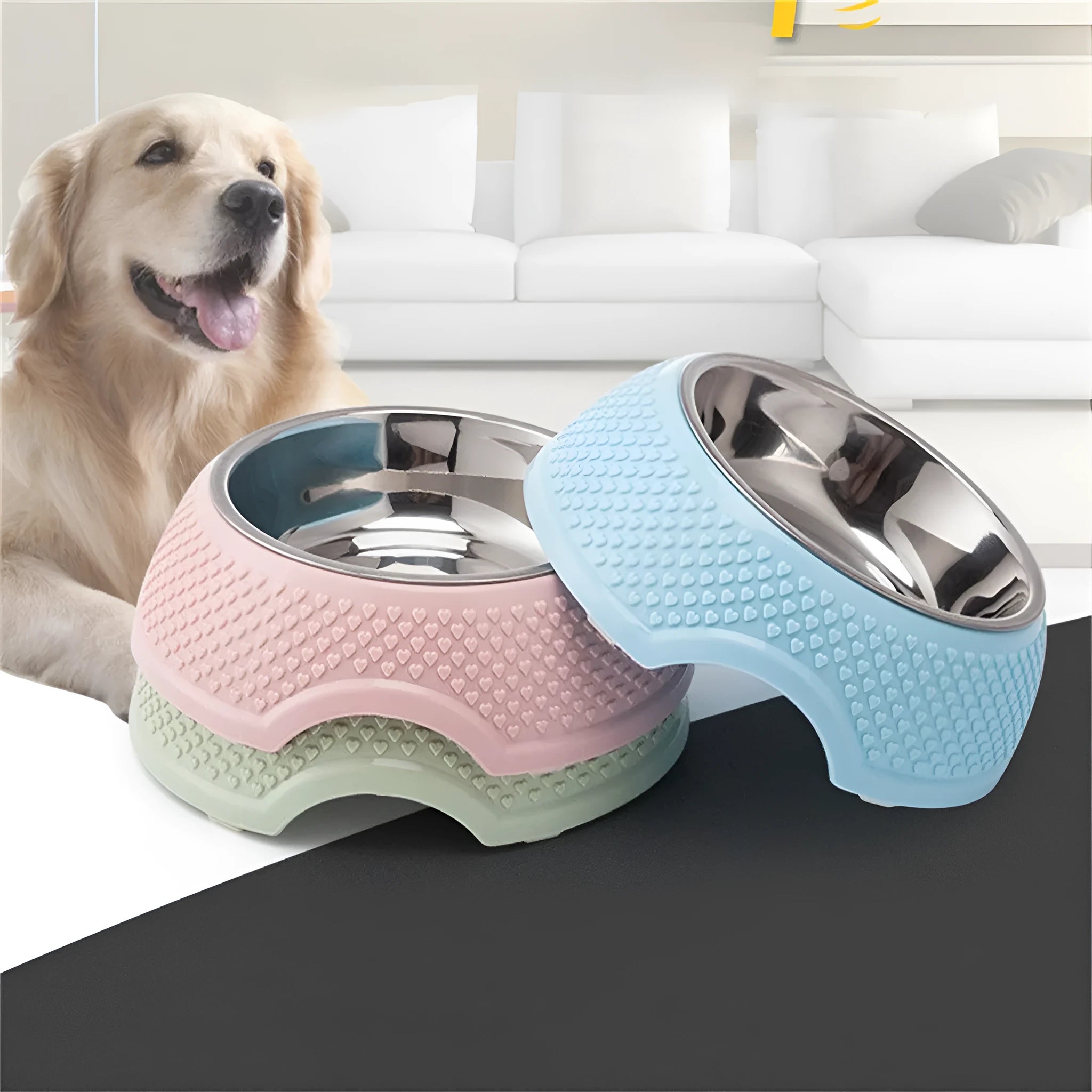 Blue stainless steel pet feeder with four bowls and a non-slip rubber base on a wooden floor.