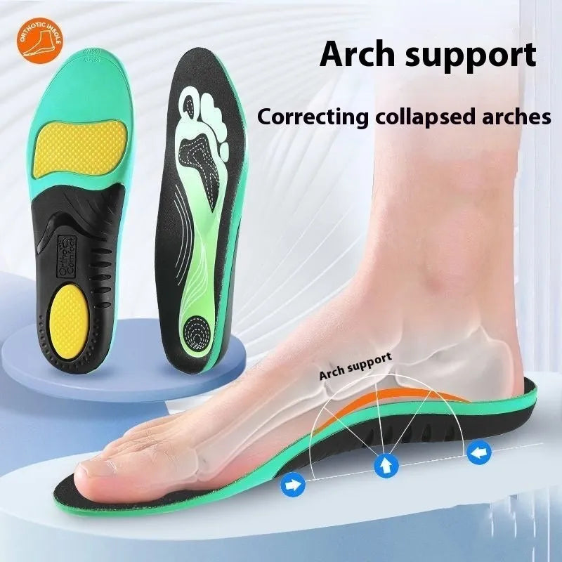 Blue and green PU flat foot correction insoles showing arch support structure