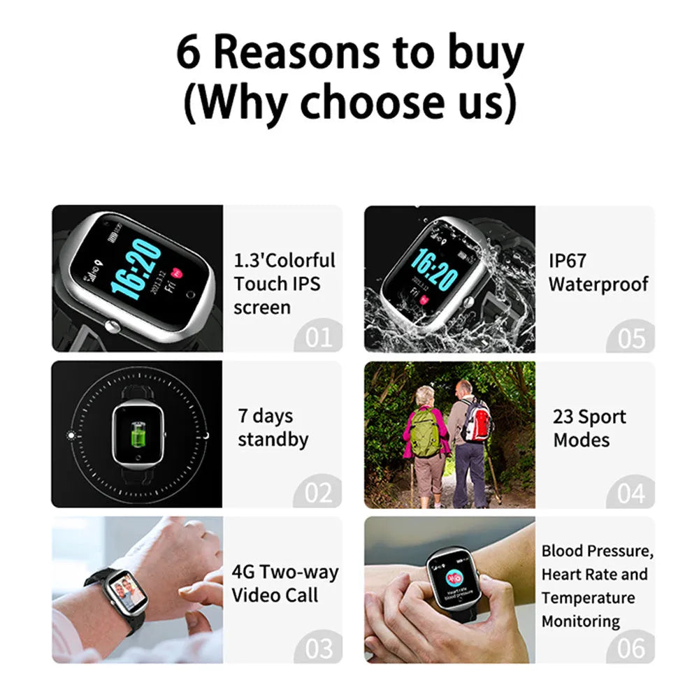 Square smartwatch for elderly with GPS tracking and SOS button in black, blue, or silver colour options
