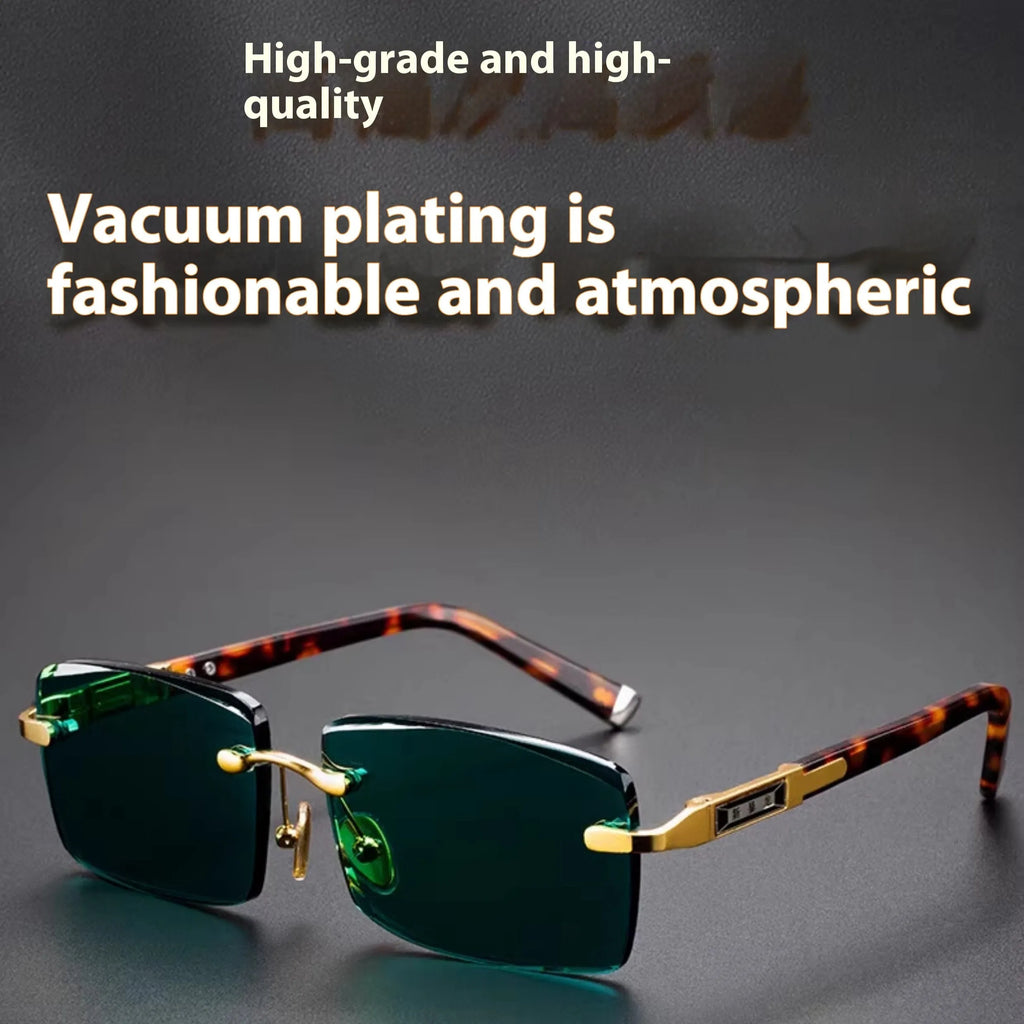 Dark green crystal frameless sunglasses with protective case and cleaning cloth