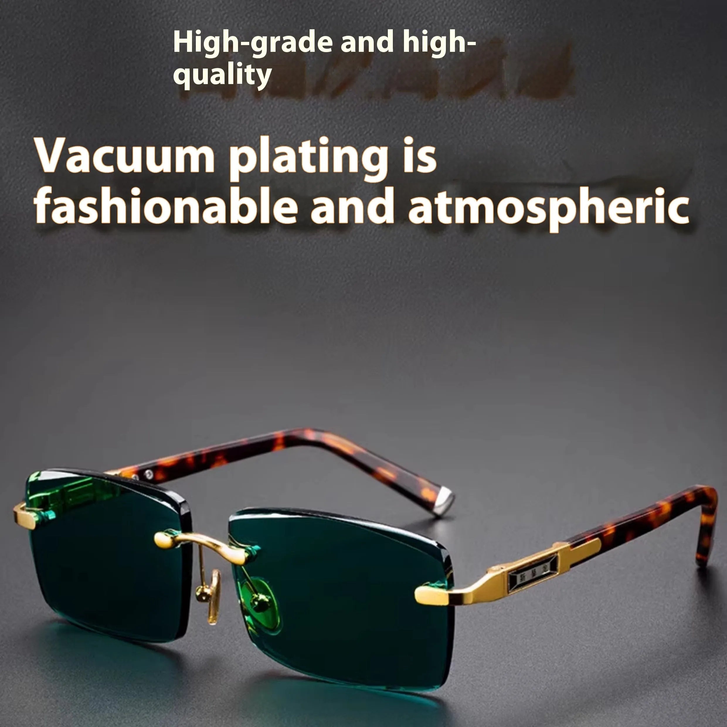 Dark green crystal frameless sunglasses with protective case and cleaning cloth