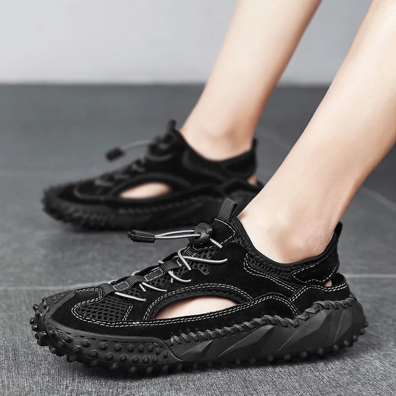 Men's waterproof outdoor sandals with leather mesh uppers, elastic band closure, and non-slip rubber soles