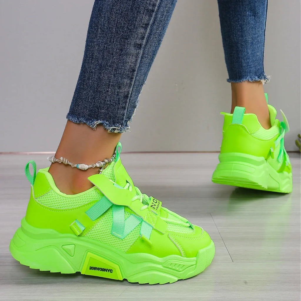 Women's purple platform mesh sports shoes with lace-up front and breathable construction