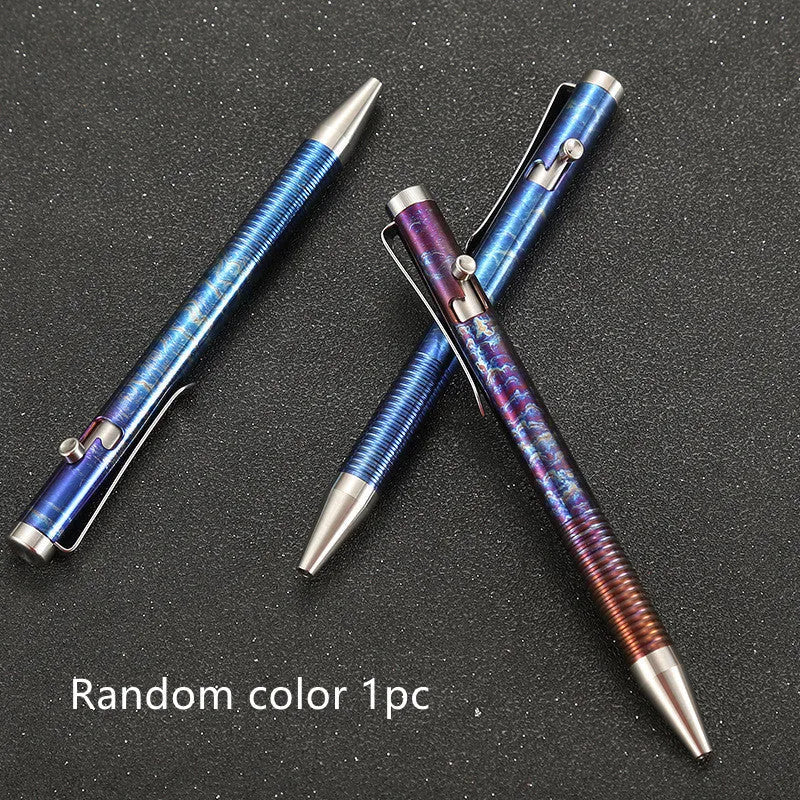 Titanium alloy magic colour pen with gun bolt handle design on a dark background.