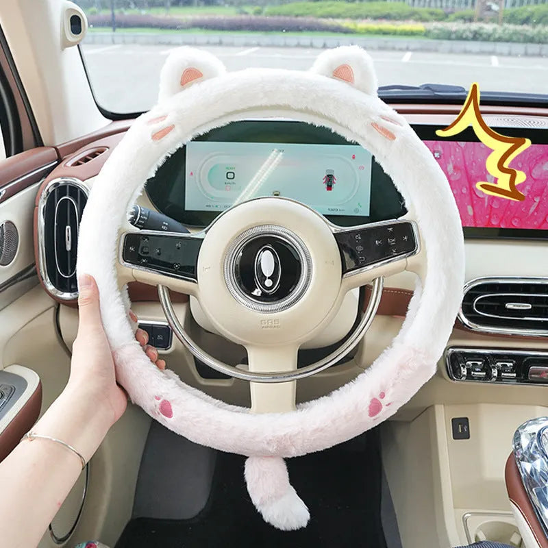 Plush winter car steering wheel cover with rabbit fur embroidered cartoon animal design, 38cm fit.
