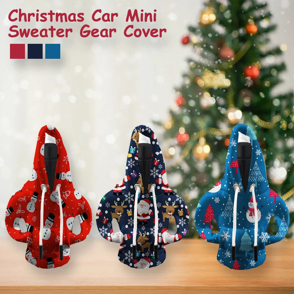 Polyester car gear handle cover in festive Santa Claus and Snowman designs, dustproof decoration for gearstick knob.