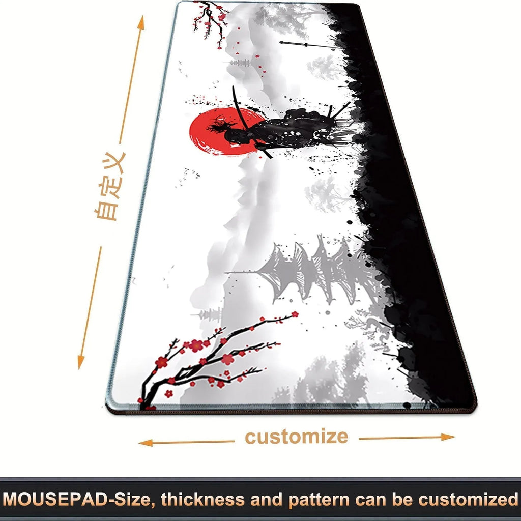 Japanese Samurai design gaming mouse pad on a desk, showing non-slip rubber base and cloth surface.