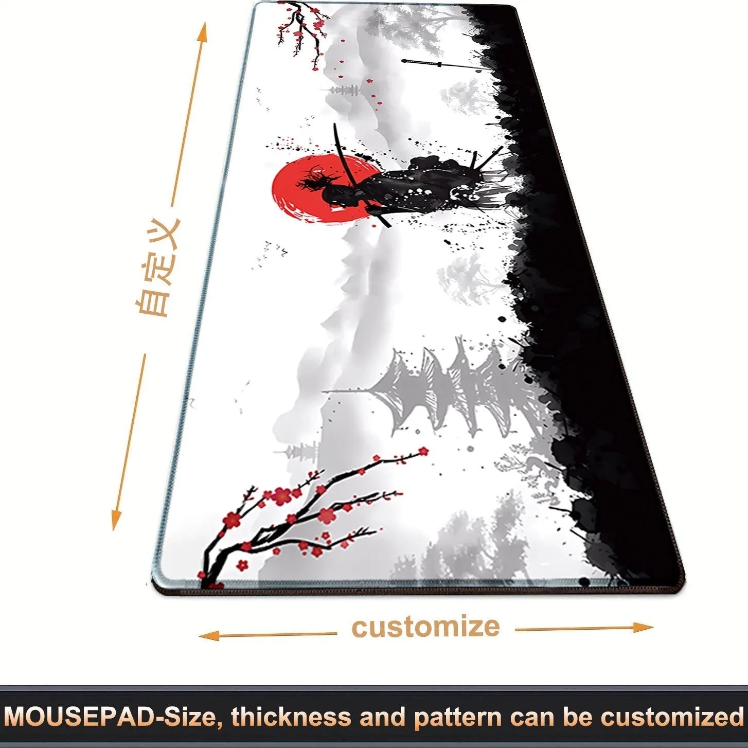 Japanese Samurai design gaming mouse pad on a desk, showing non-slip rubber base and cloth surface.