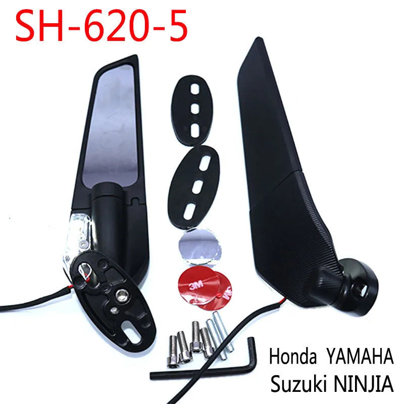 Pair of aluminium alloy motorcycle rearview mirrors with integrated yellow running lights and convex glass lenses.