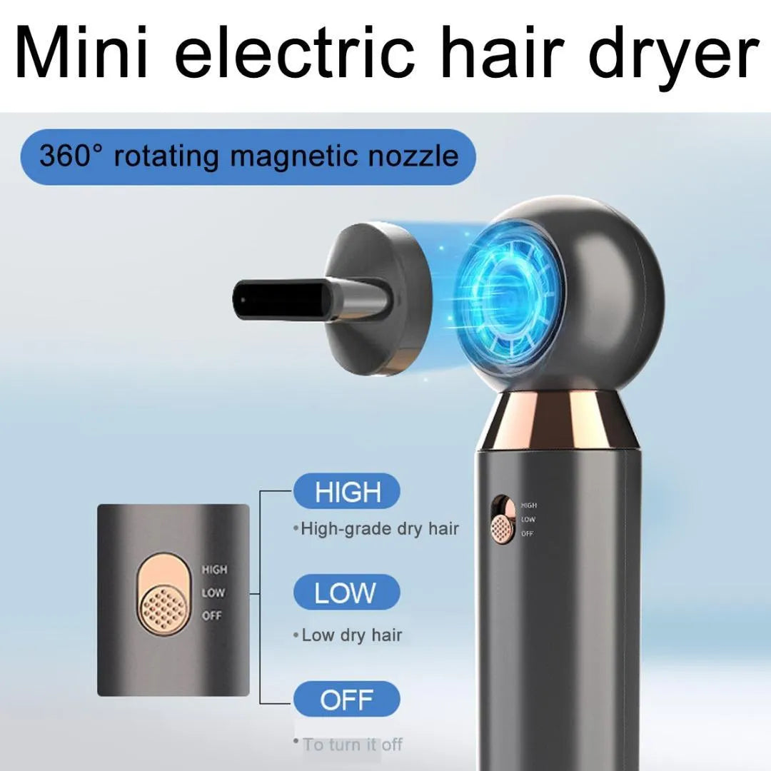 Compact white hair dryer with concentrator attachment showing 20cm height and control buttons