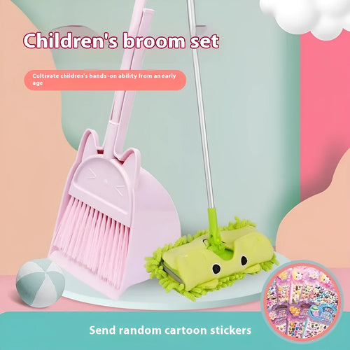 Purple broom and dustpan set with rotating brush holder and non-stick surface