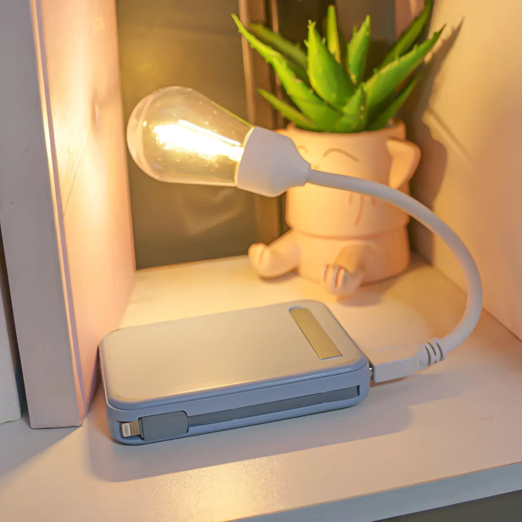 USB rechargeable folding night light with glowing tungsten S14 filament bulb