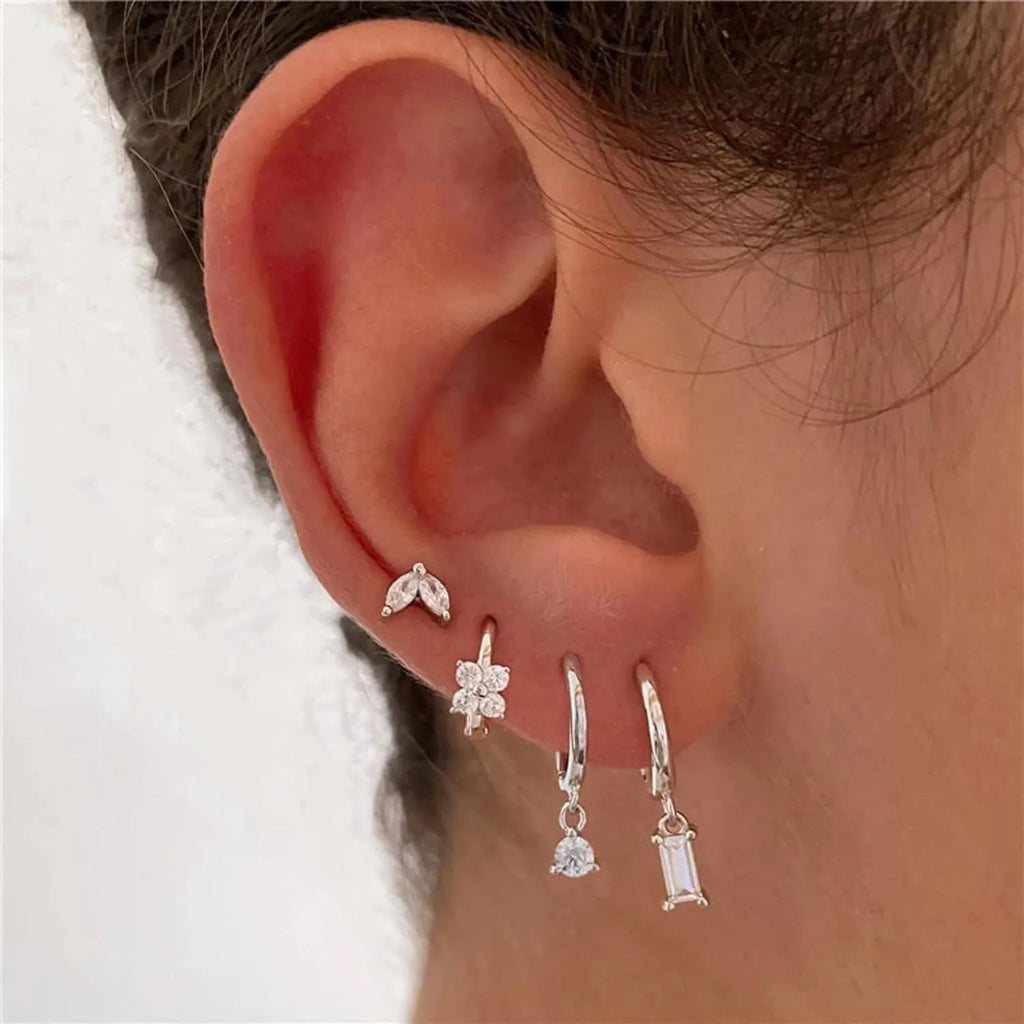 Geometric square copper earrings with zircon detailing in gold or silver four-piece sets for women