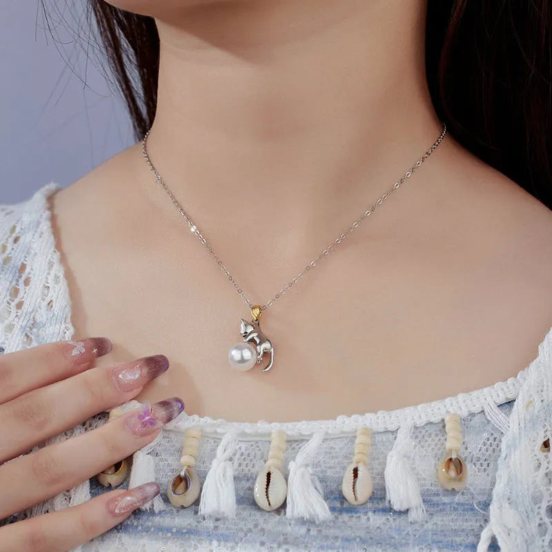 925 sterling silver clavicle chain necklace with cat design and pearl bead options