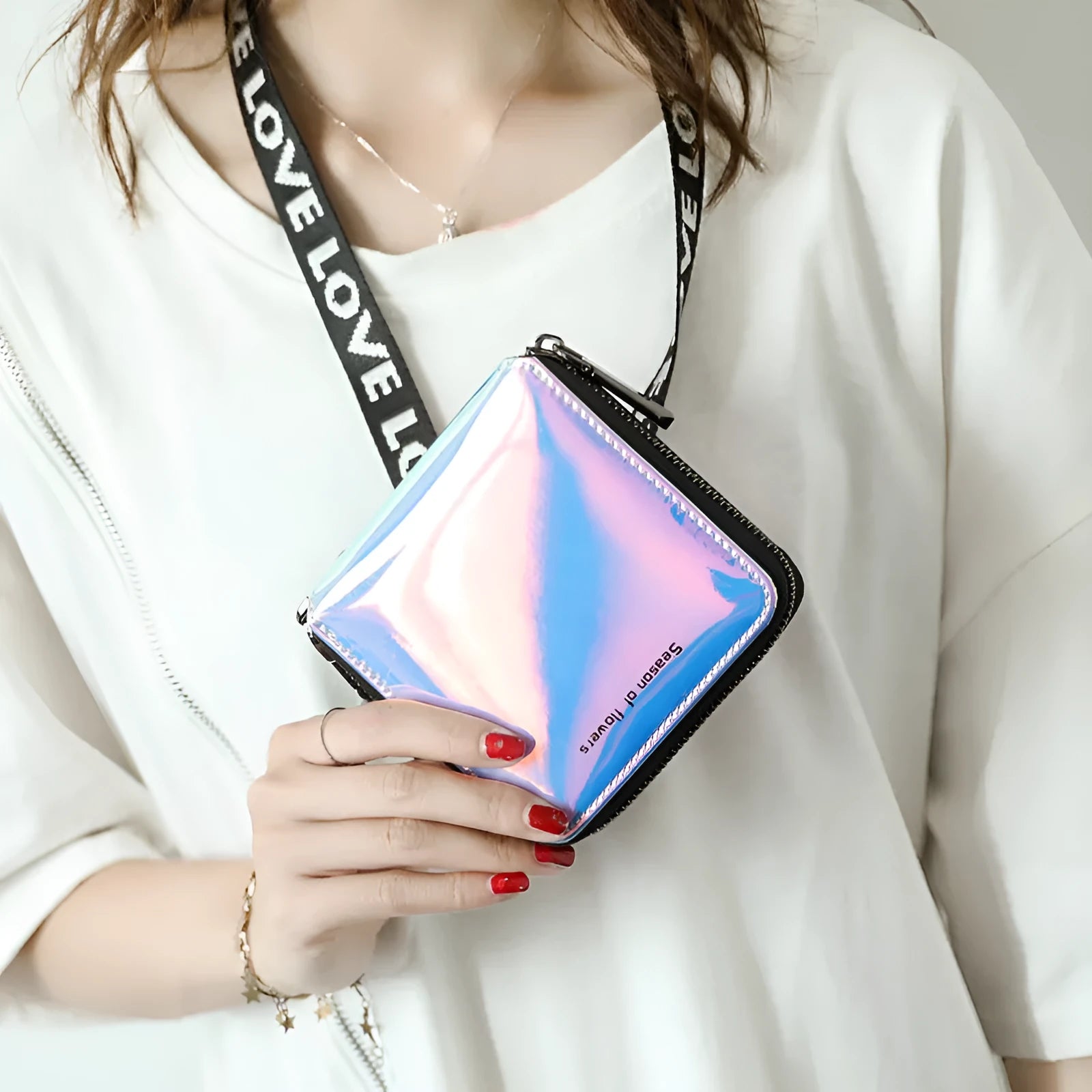 Short folding women's wallet in PU leather showing compact 11cm dimensions with glitter or solid colour options
