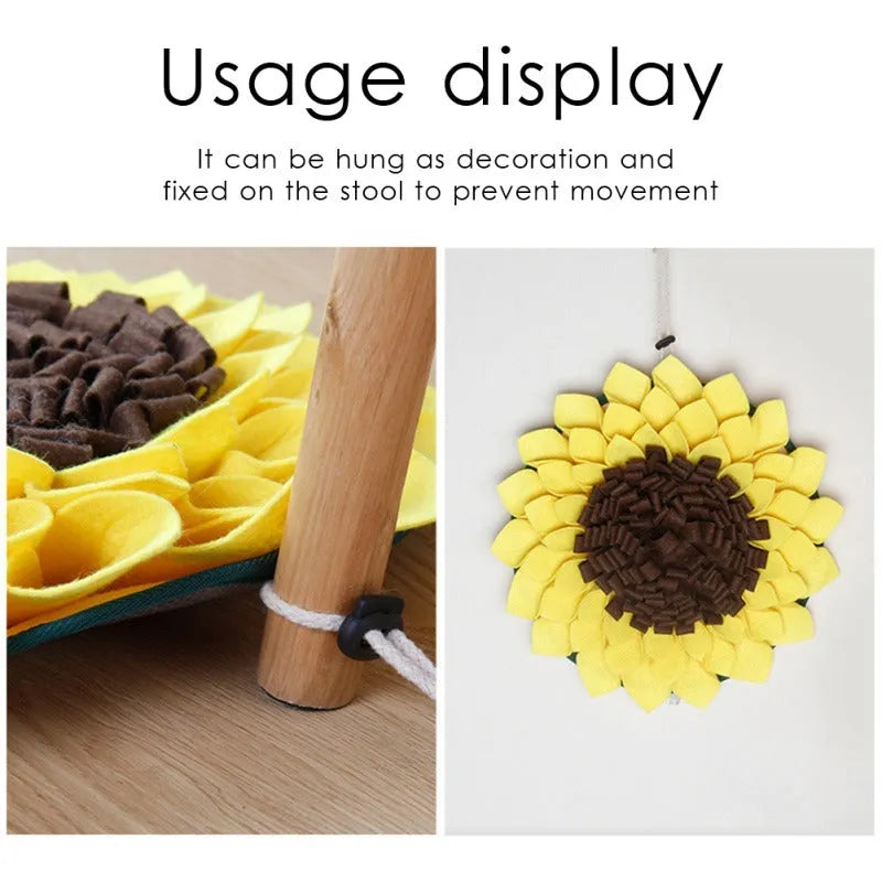 Yellow sunflower-shaped dog snuffle mat with fleece petals for treat hiding and slow feeding