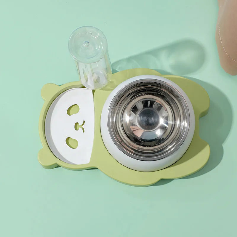 Grey and green panda-shaped automatic water dispenser and tilted pet food bowl set for cats and small dogs