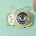 Grey and green panda-shaped automatic water dispenser and tilted pet food bowl set for cats and small dogs