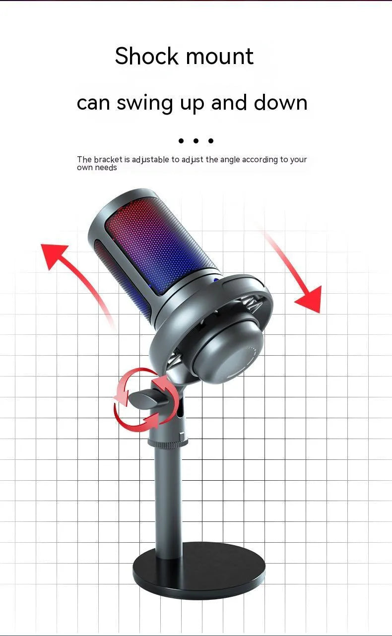 Condenser microphone with RGB lighting in black, white, or pink colour for live streaming on PC.